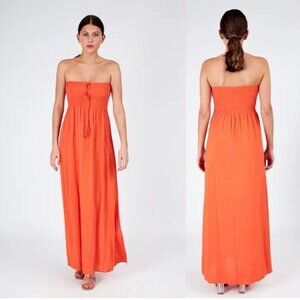 Orange Smocked Strapless Maxi Dress
